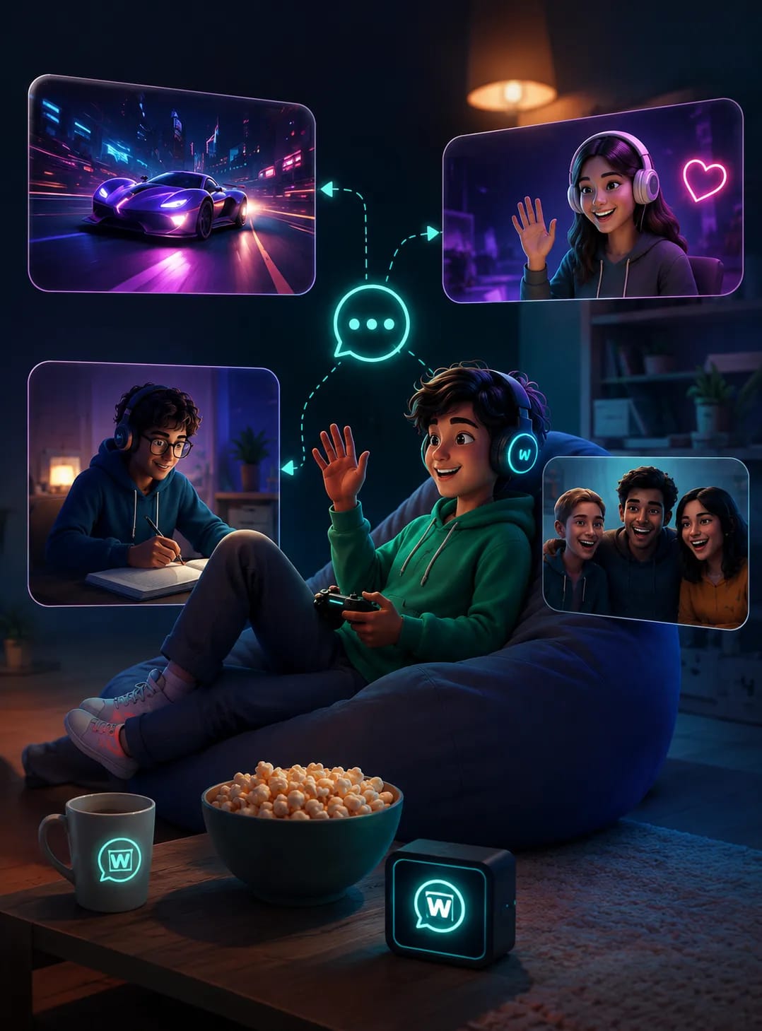 Friends hanging out in WhumbleZone — talking, playing, and watching together