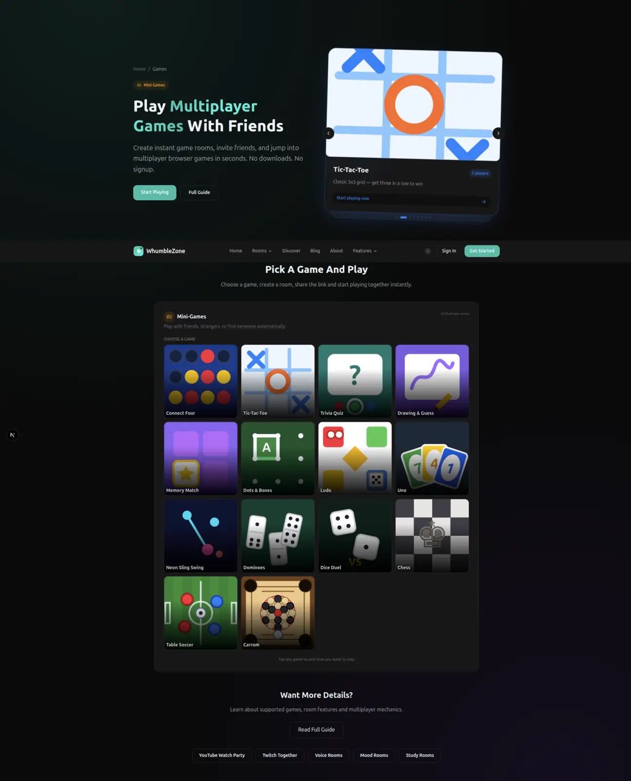WhumbleZone multiplayer game room with browser party games