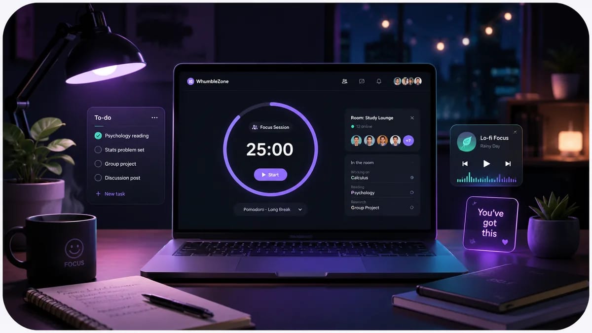 WhumbleZone virtual study room with timer and shared focus tools