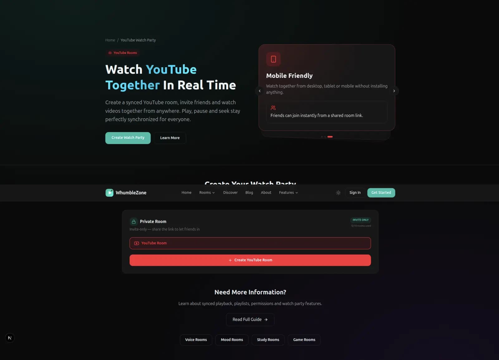 WhumbleZone YouTube watch party room with synced playback and live chat