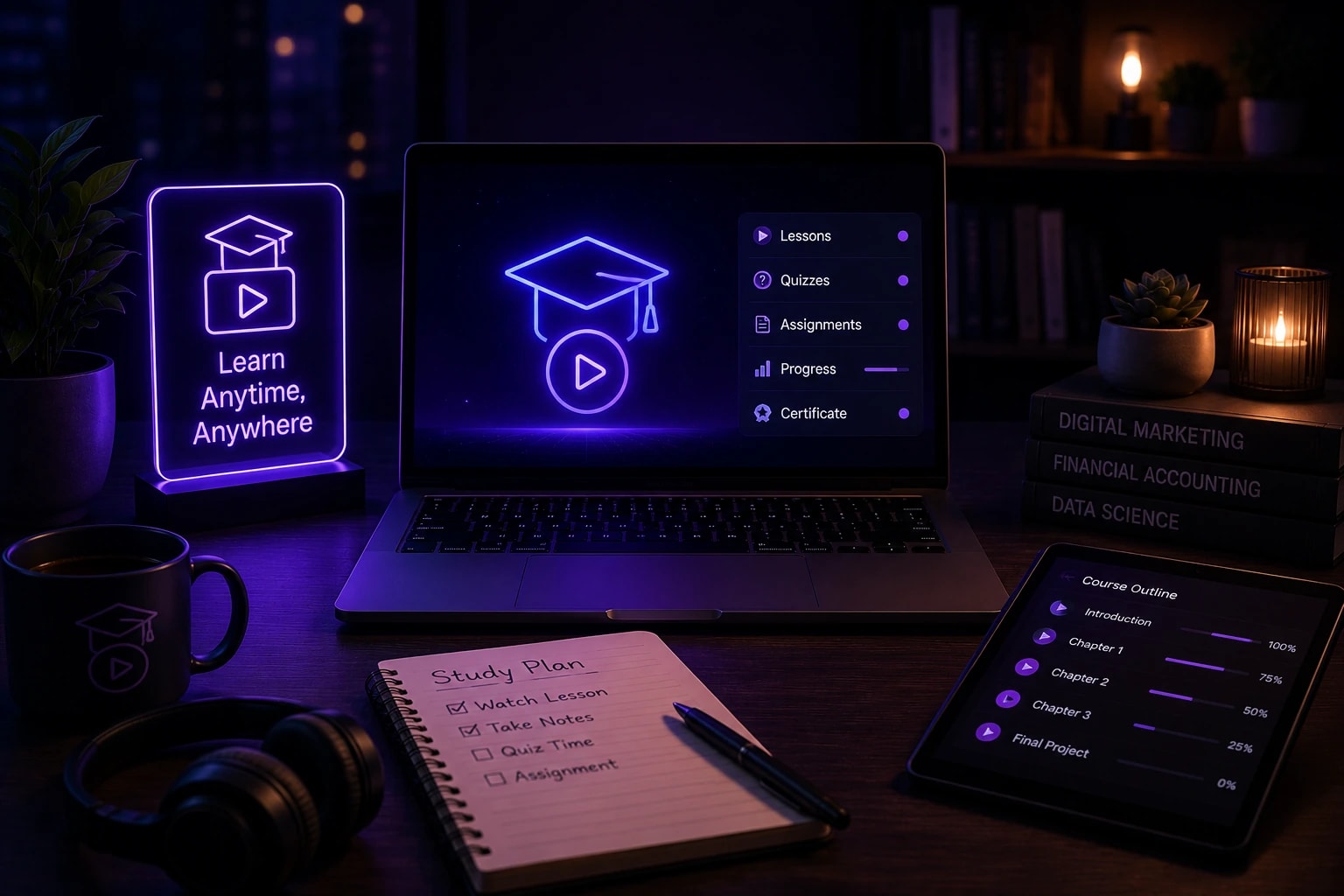 Online course desk with lessons on a laptop, course outline on a tablet, and Learn Anytime Anywhere sign