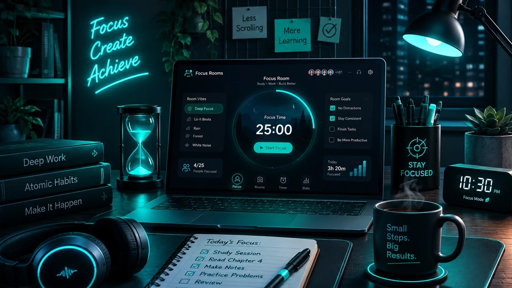 Focus room desk with an hourglass, 25:00 timer, and Focus Create Achieve neon sign