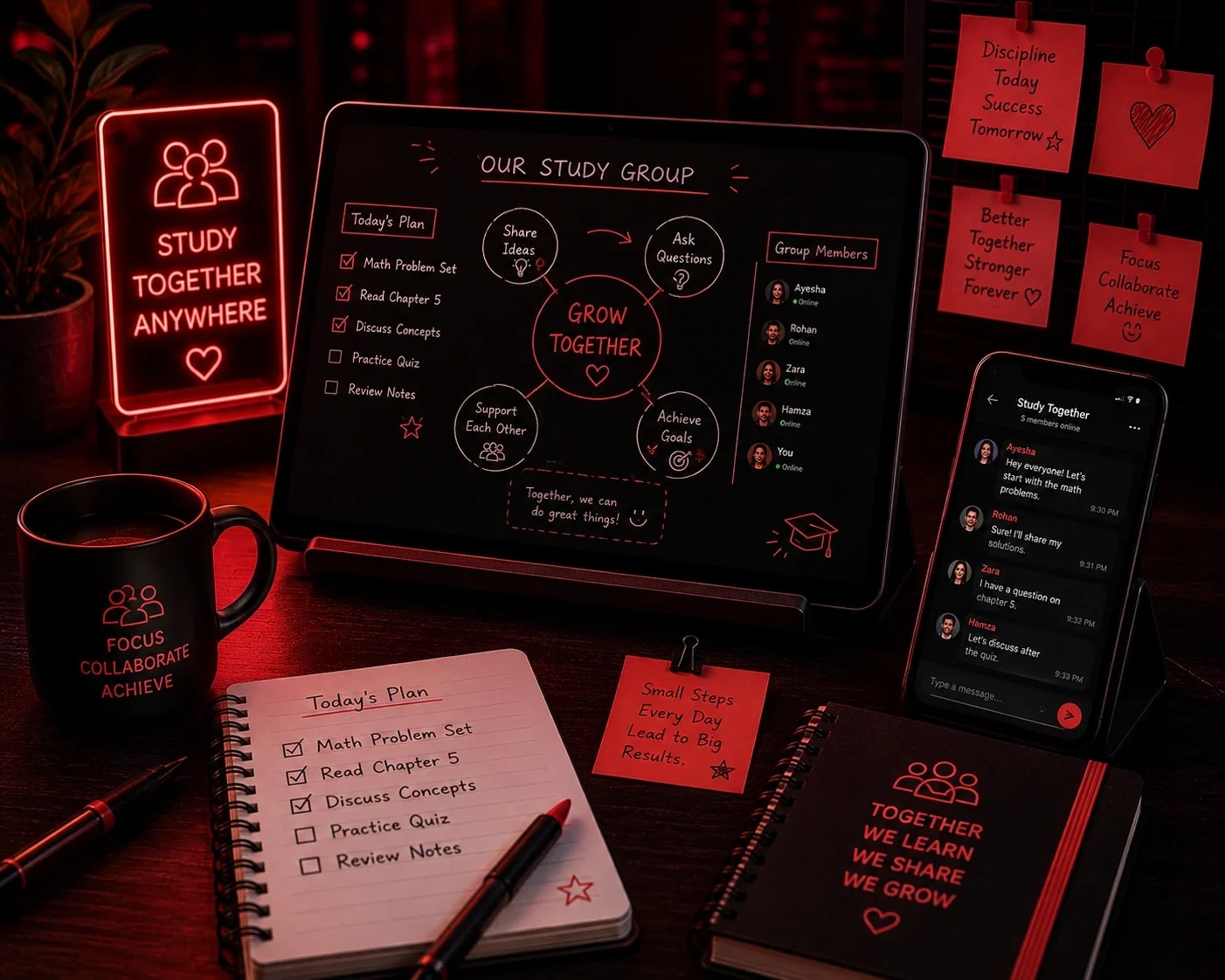 Study with friends room with a red Study Together Anywhere sign and Grow Together group board