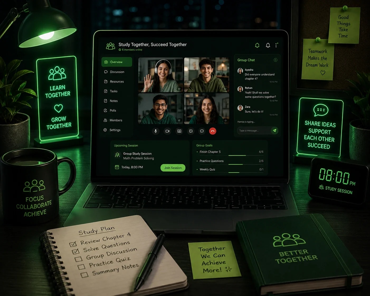 Online study group with a live video call, Learn Together sign, and 08:00 timer
