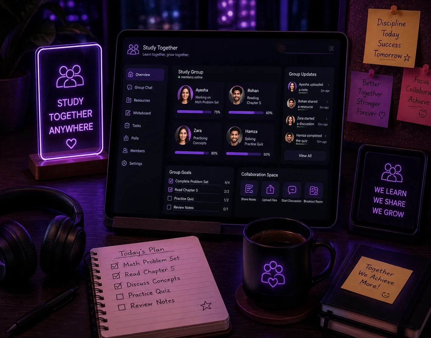 Pomodoro study room dashboard with a Study Together Anywhere panel and live participant list