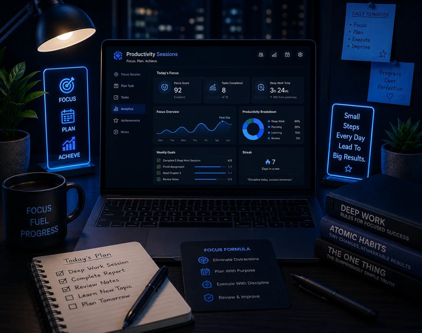 Productivity session dashboard with focus stats, charts, and daily progress notes