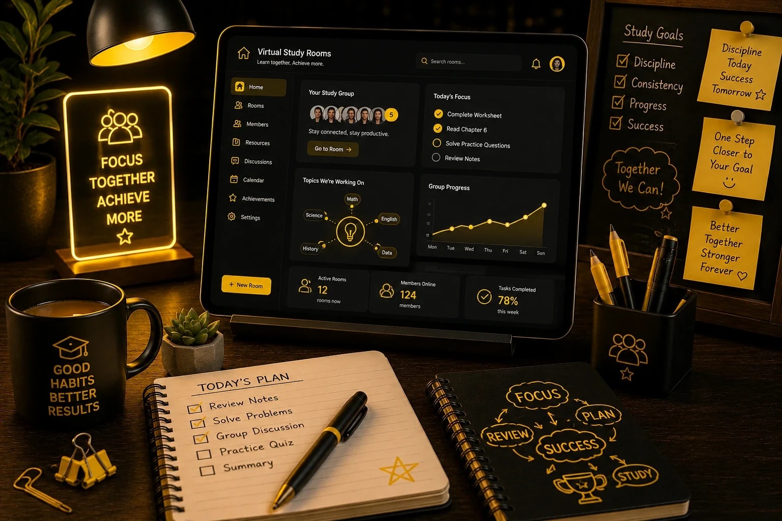 Virtual study room on a tablet showing Focus Together Achieve More and a study dashboard