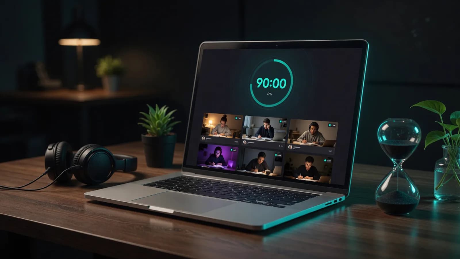 Focus room online on a laptop with a teal 90:00 block counter and six muted desk cameras, headphones and an hourglass on the desk