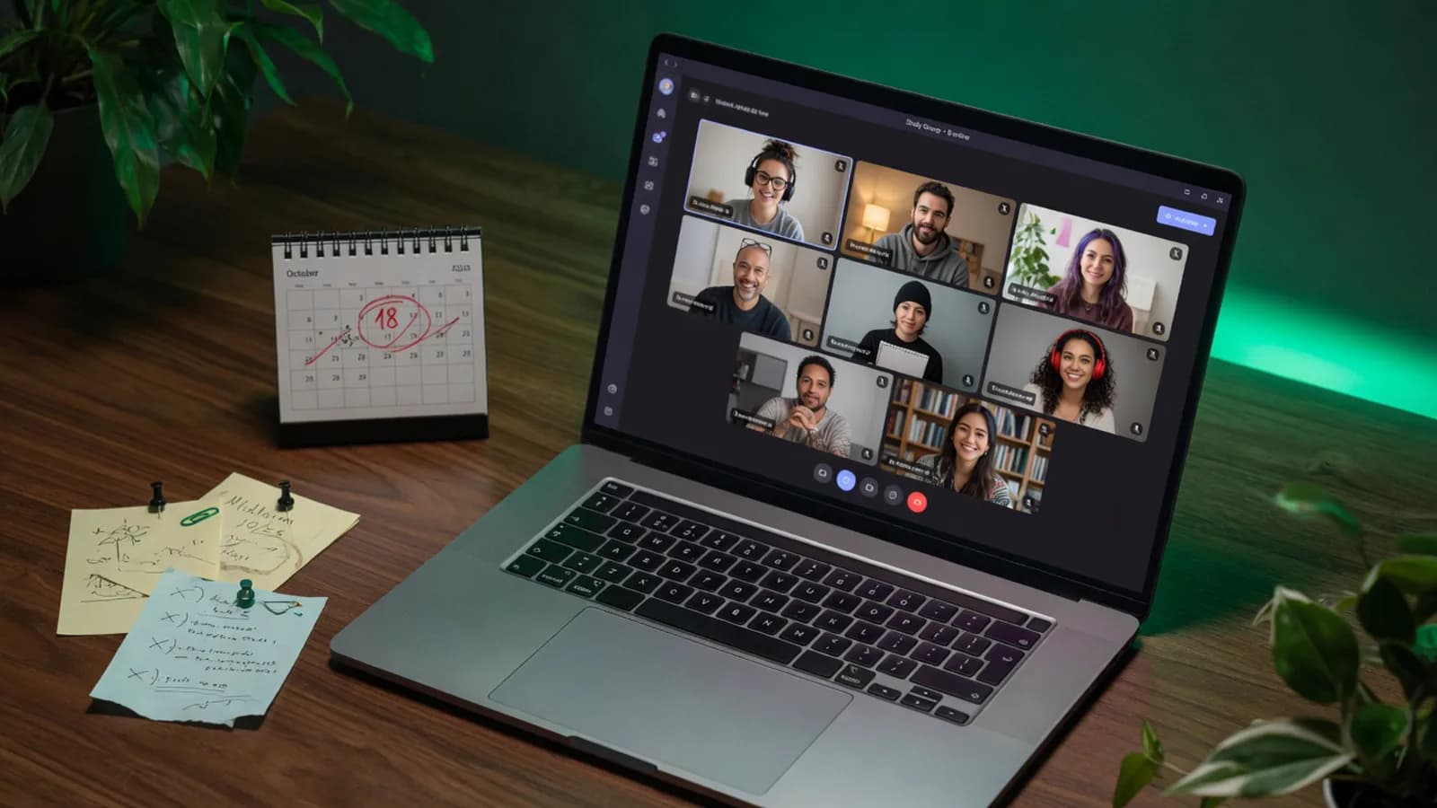 Online study group room on a laptop with eight members on video, a desk calendar and pinned notes under green light
