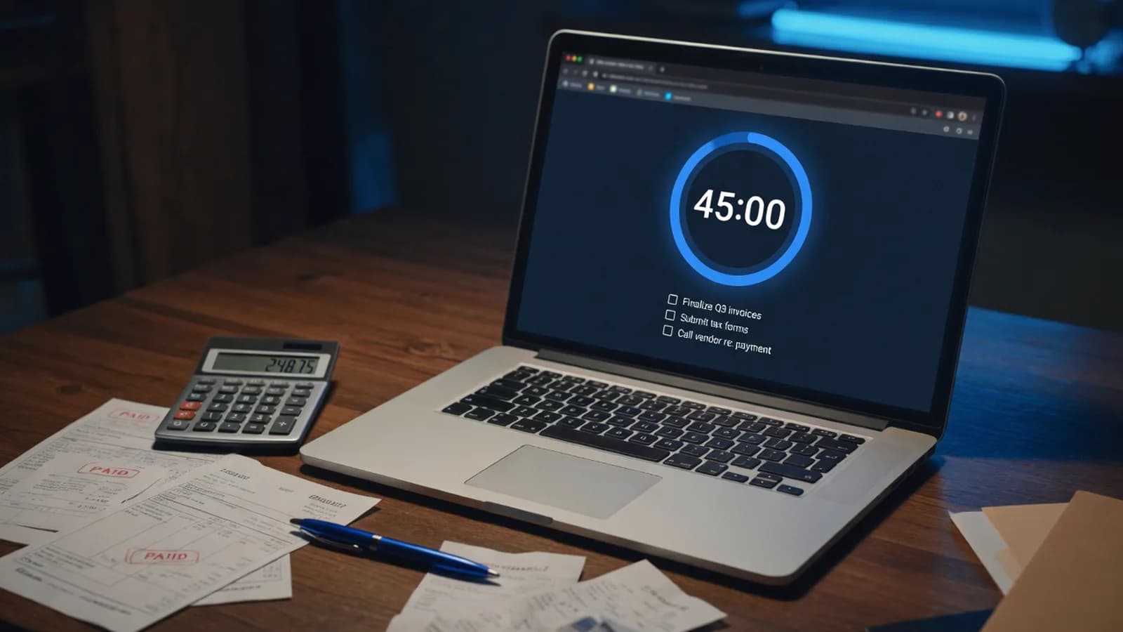 Online productivity session on a laptop with a blue 45:00 counter and a goal board, invoices and a calculator on the desk