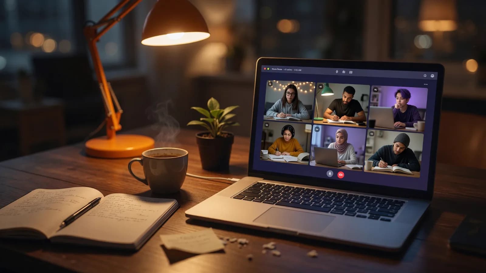 Virtual study room on a laptop at 3am with six people studying on camera under a warm desk lamp