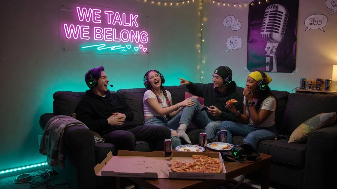 Friends on a couch hanging out in a community voice room