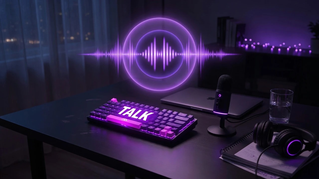 Purple keyboard with a glowing Talk key and a waveform hologram