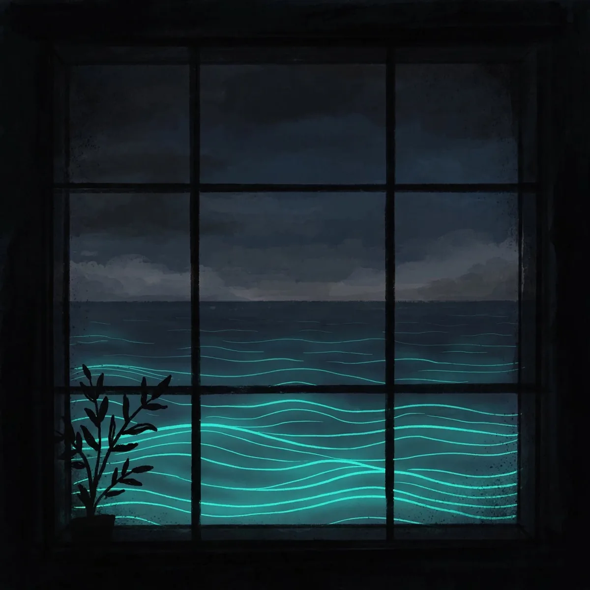 A dark window looking out on teal ocean waves A dark window looking out on teal ocean waves