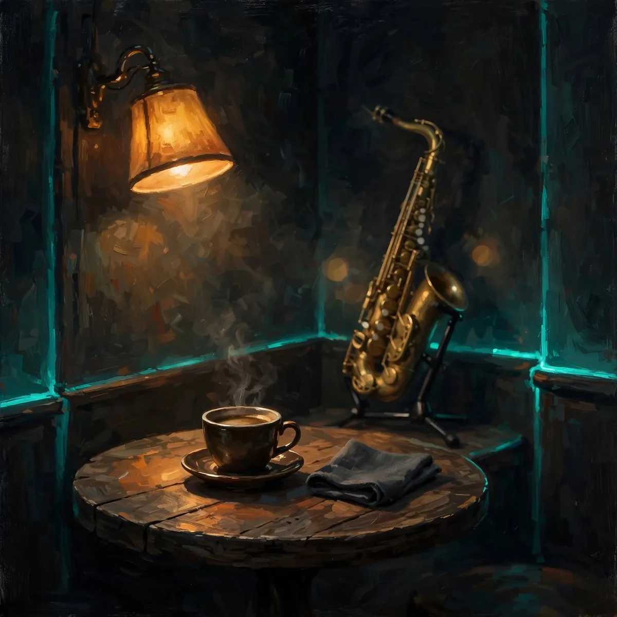 A jazz café table with coffee, a saxophone, and a warm lamp A jazz café table with coffee, a saxophone, and a warm lamp