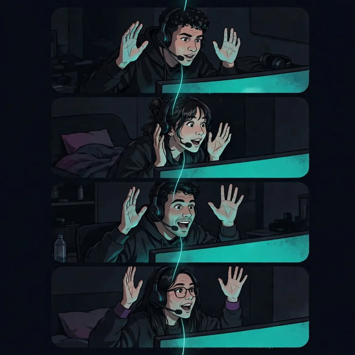 Four friends watching together in sync from their own rooms Four friends watching together in sync from their own rooms