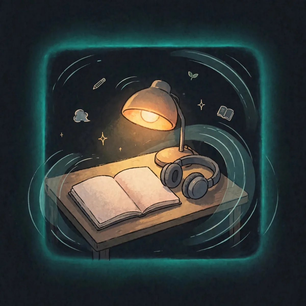 A study desk with a lamp, open book, and headphones A study desk with a lamp, open book, and headphones