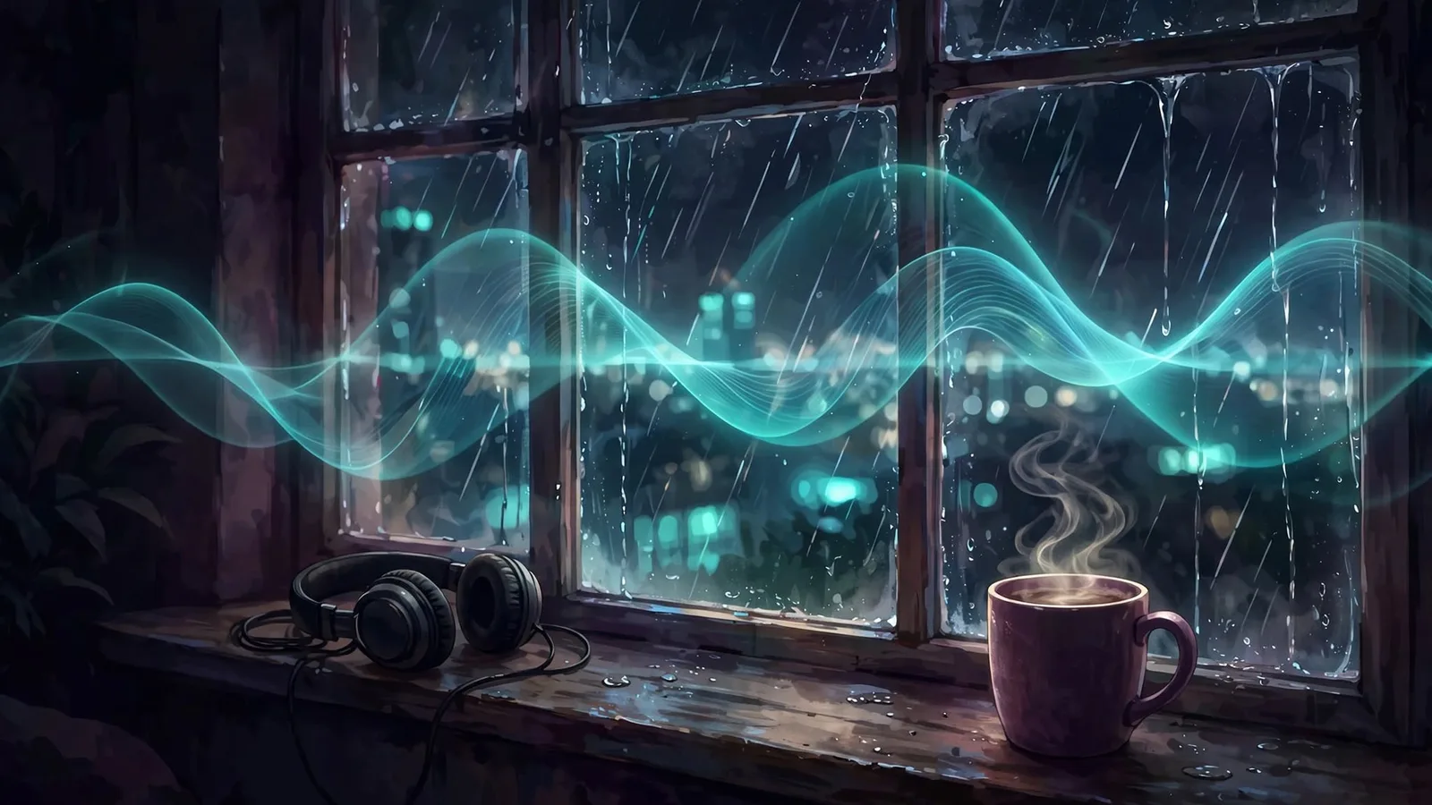 Rain on a window at night, headphones and coffee, sound drifting through the room Rain on a window at night, headphones and coffee, sound drifting through the room