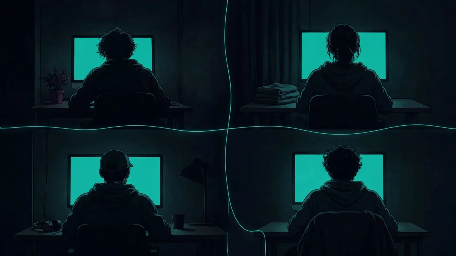 Four people in separate rooms watching the same stream, connected by a shared timeline Four people in separate rooms watching the same stream, connected by a shared timeline
