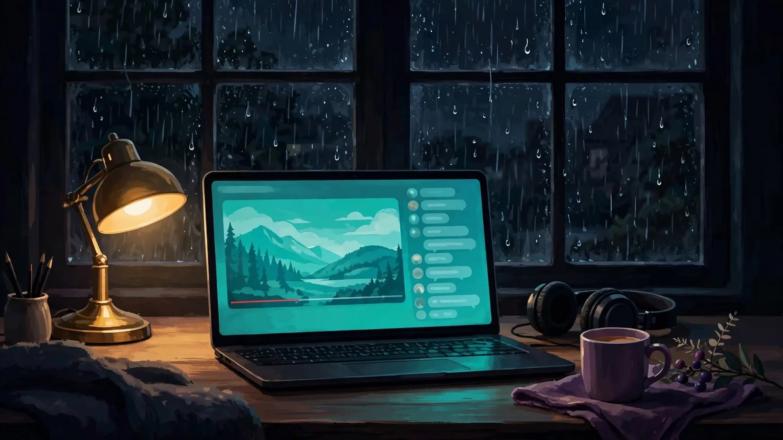 Laptop on a rainy night desk playing a video with a chat column beside it Laptop on a rainy night desk playing a video with a chat column beside it