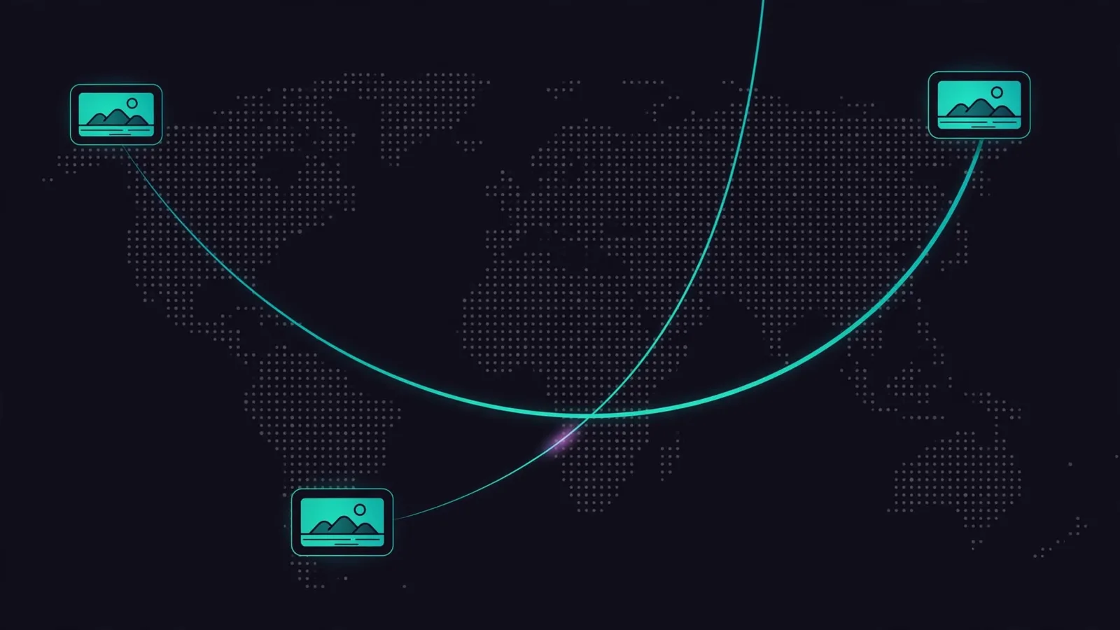 Three screens on a world map connected by teal arcs, all showing the same frame Three screens on a world map connected by teal arcs, all showing the same frame